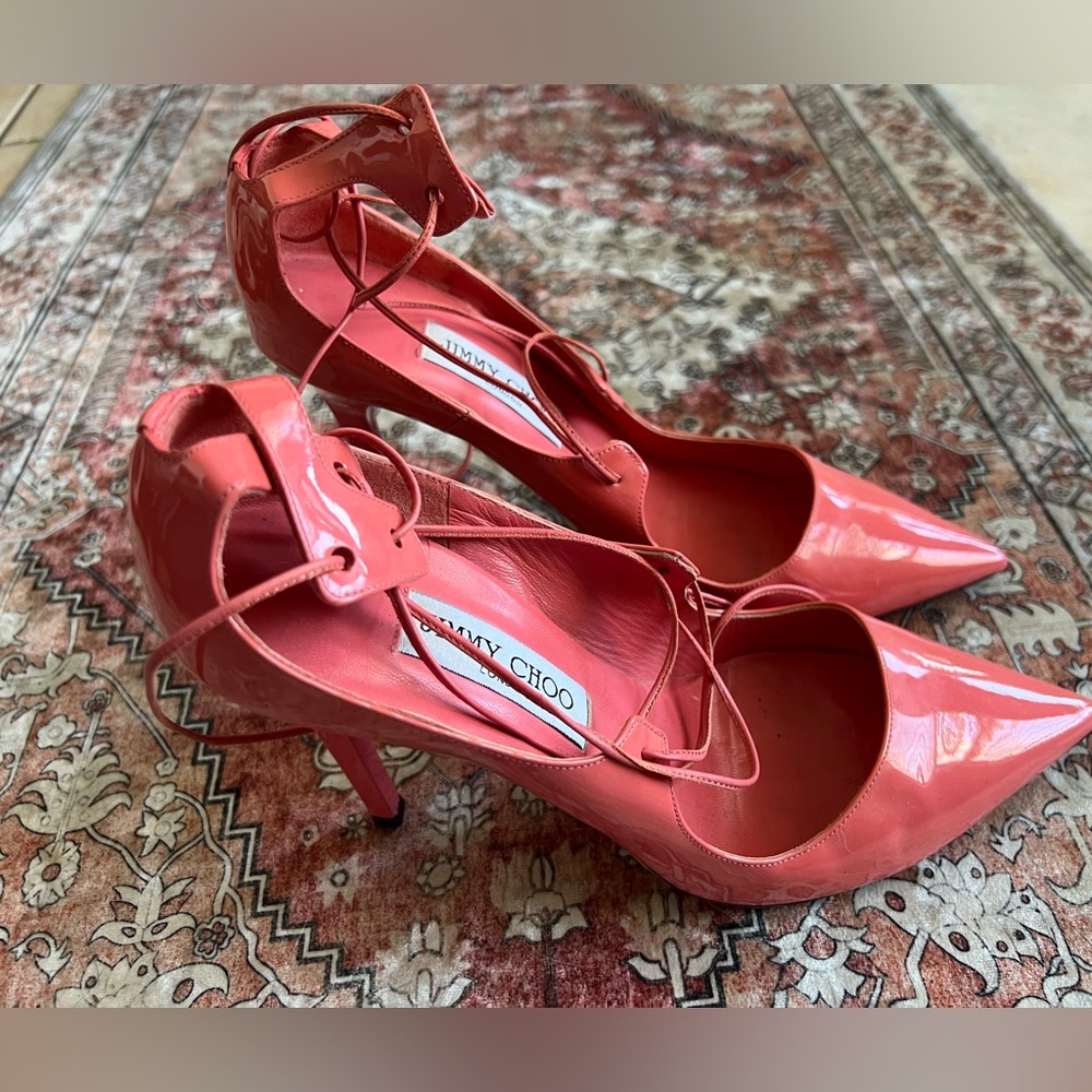 Beautiful coral Jimmy Choo pumps with sexy ankle tie/ lace. Size 39/8.5